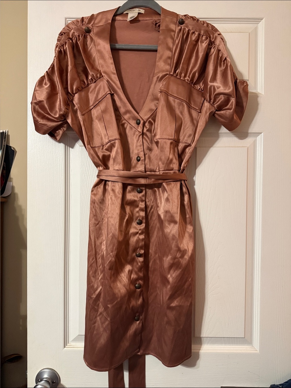 NWOT Arden B Copper Satin Button-Front Belted Midi Dress - Size L
